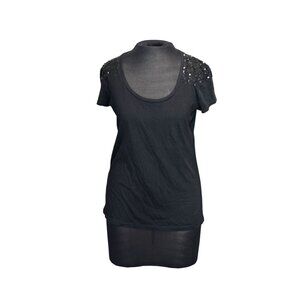 Ann Taylor Black Sequin Shoulder Cotton T-Shirt Petite M
